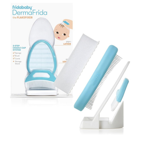 Amazon.com: Frida Baby The 3-Step Cradle Cap System, DermaFrida FlakeFixer, White-Blue | Sponge, Brush and Comb Set with Storage Stand for Baby's Cradle Cap, Gentle Care, White-Blue