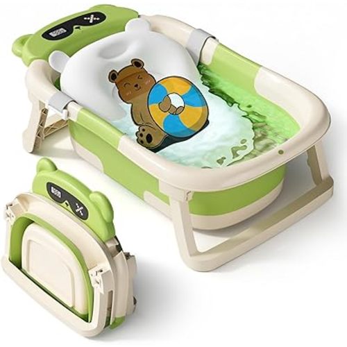 AVIDOR Baby Bathtub,Collapsible Bathtub for Newborn to Toddler,Durable Essential Infant Bath Tub,Portable Travel Baby Tub with Soft Cushion,No-Slip Hanging and Detachable(Green)