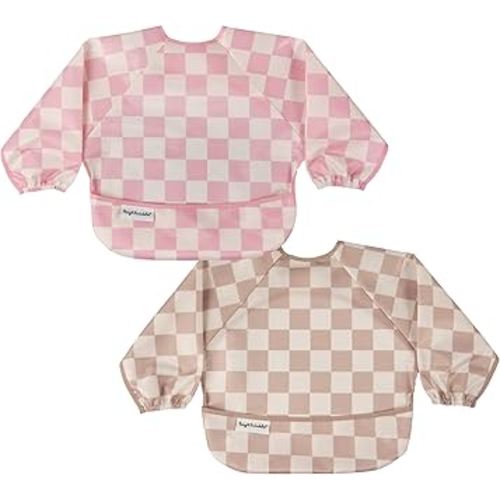 Tiny Twinkle Long Sleeve Bib for Babies & Toddlers – 2 Pack Waterproof Smock Bibs for Eating – Machine Washable & Mess-Proof, Baby Feeding Essential & Shower Must-Have (Pink,Beige Checkers, 6-24M)