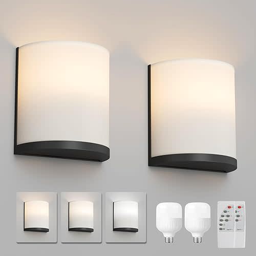 2-Pack Battery Operated Wall Sconces with Remote Control & 5500mAh Rechargeable Light Bulbs,3-Color Dimmable and Timmable,Indoor Non-Hardwired Fabric Wall Lamp for Bedroom Living Room(Black)