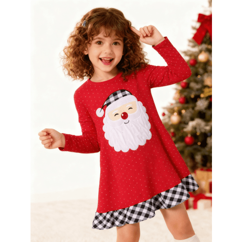 HILEELANG Toddler Girl Christmas Dress Red Dot Santa Claus Long Sleeve Cotton Casual Tunic Shirt Jersey Play Dresses 3T