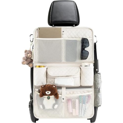 Car Backseat Organizer with Foldable Table Tray - 11 Storage Pockets PU Leather Back Seat Organizer with Tablet Holder, Seat Back Protector for Kids Family Road Trip Travel Accessories (Beige)