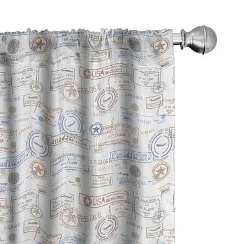 Ambesonne Travel Window Curtains, Vintage Old Rubber Stamps Tourist Passport Visa Certificate Vacation Holiday Theme, Lightweight Decor 2-Panel Set with Rod Pocket, Pair of - 28" x 84", Ivory