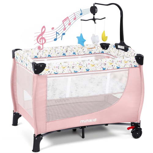 Minikid Baby Playard with Bassinet,Unisex Playpen Include Music Box and Hanging Toys,Portable Crib for Newborn to Toddlers,Pink