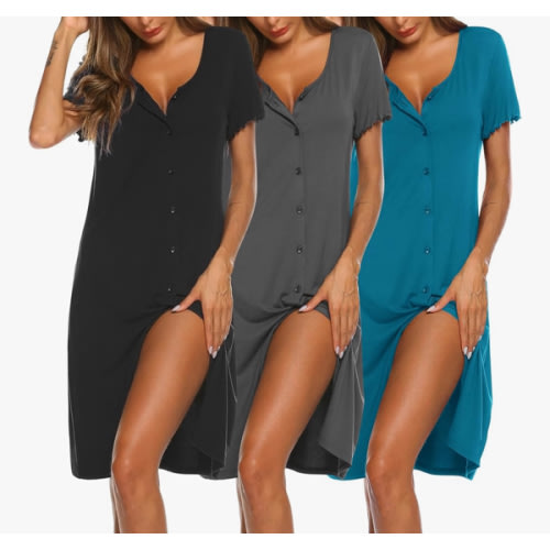 Ekouaer 3 Pack Women's Button Down Nightgowns Short Sleeve Night Shirts for Women Sleepwear V Neck Sleep Dress
