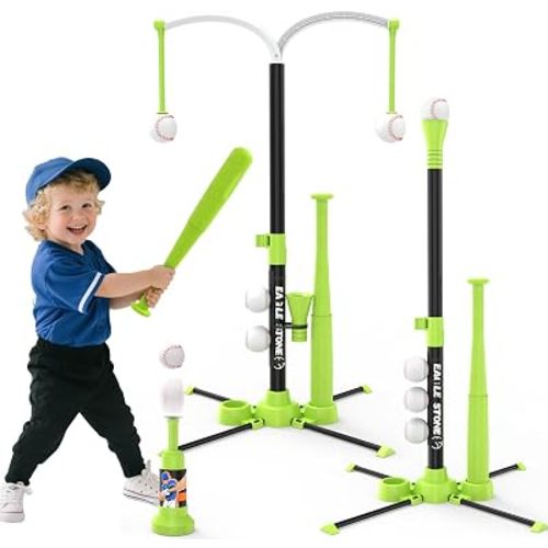 EagleStone 3-in-1 T Ball Set for Toddlers 3-8, Kids Baseball Set with 2 Collapsible Bats, Tee Popper Baseball Training Toy with Adjustable Hanging Tee, Fixed Batting Stand & Auto Launcher