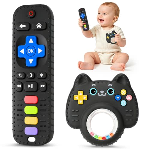 2 Pack Baby Teething Toys 3-12 Months, Silicone Remote Teether Rattle Toys | BPA Free, Realistic Design, Easy to Clean, Multi Textured for Teething Relief, Baby Chew Toys, Infant Newborn Shower Gift