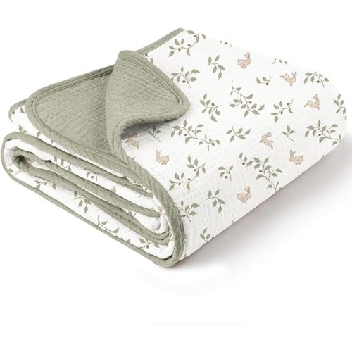 Konssy Muslin Baby Blankets for Girls Boys, 100% Cotton Crib Blanket for Baby Infant Toddler, Super Soft and Lightweight Nursery Blankets 40"x36"(Rabbit