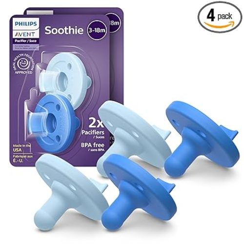 Philips Avent Soothie Baby Pacifiers - 100% Silicone Pacifiers for Babies 3-18 Months, One-piece Design, BPA-Free, Extra Durable, Sky Blue and Light Blue, 4 Pack, Model SCF192/71