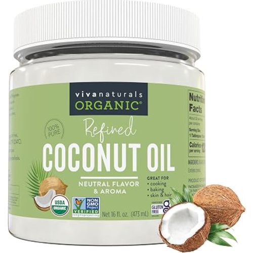 Viva Naturals Refined Coconut Oil, 16 fl oz – Expeller-Pressed, USDA Organic, Neutral Flavor & Aroma, Ideal for Cooking, Baking, Hair & Skin Moisturizer