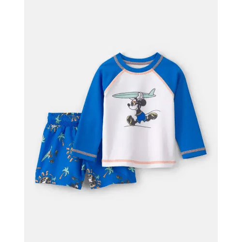 Baby Boy 2-Piece Disney© Mickey Mouse Long-Sleeve Rashguard Swimsuit Set - Blue/White | Carter's