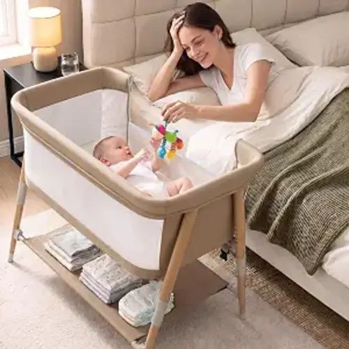 JevrJeur Baby Bassinet, 3 in 1 Bedside Bassinet Sleeper for Newborn, Portable Baby Crib with 4 Detachable Wheels & Adjustable Height, Breathable Mesh & Mattress, Mosquito Net& Storage Basket (Khaki)
