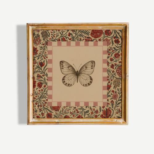 Butterfly Wall Art – Vintage Botanical Insect Print with Red Floral Border