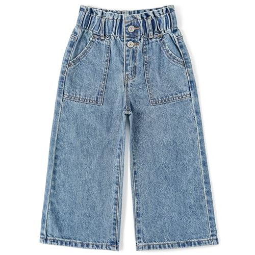 KIDSCOOL SPACE Baby Girls Jeans,Toddler Elastic Waist with D-Ring Slant Pockets Wide-Leg Denim Pants
