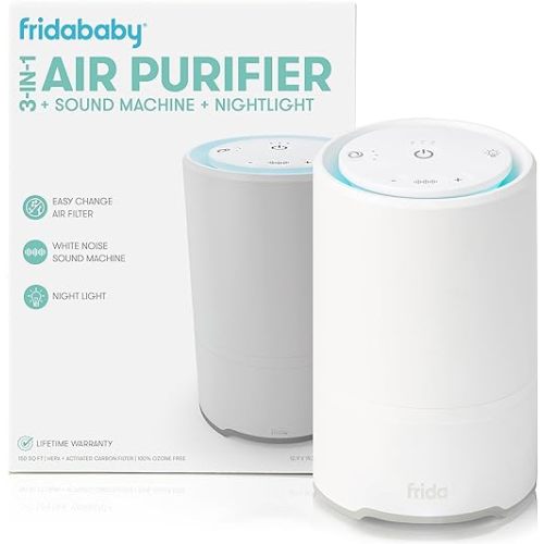 Frida Baby 3-in-1 Baby Air Purifier for Allergy Relief, Sound Machine for Sleeping + Nightlight, HEPA Filter Purifier for Bedroom with 3 Fan Speeds, Easy-Change Filter, Auto-Off Timer