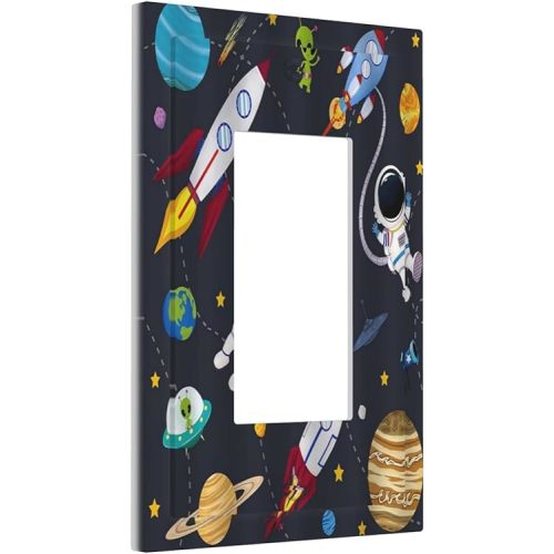 Rocket Planets Astronaut Blue Decorative Single Rocker Light Switch Covers 1 Gang Outlet Cover Wall Plate Decorative GFCI Switchplate Faceplate for Nursery Kidsroom Bedroom Decor