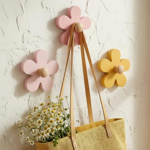 AceOrbit 3 Pcs Daisy Wall Hooks Wood, Yellow, Pink, Purple | Wood Cute Flower Hook, Decorative Wall Mount Hangers, Bathroom Kitchen Bedroom Home Entryway Decor