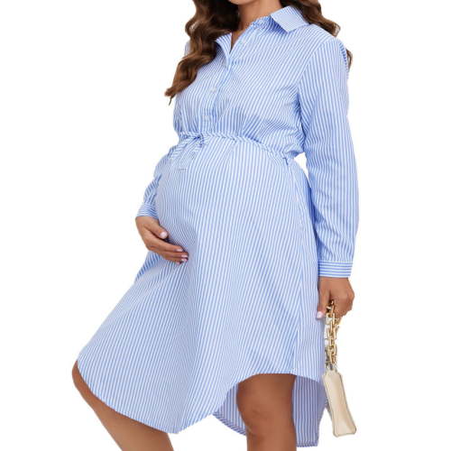 Edvintorg Maternity Shirt Dress Women Fashion Stripe Printing Long Sleeve Casual Button Down Shirt Dress for Pregnant Women Fall Winter Pregnancy Dresses for Women 2024