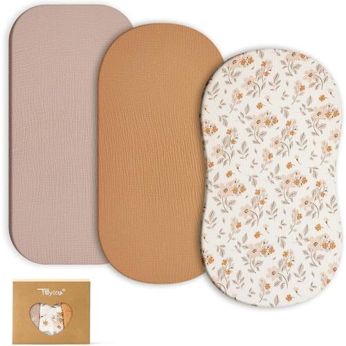 TILLYOU Muslin Bassinet Sheets for Baby Boys Girls 3 Pack, Soft Breathable Elastic Cotton Bassinet Mattress Sheets, Fit Hourglass Oval Rectangle Cradle Mattress, 33"X17",Yellow Flower