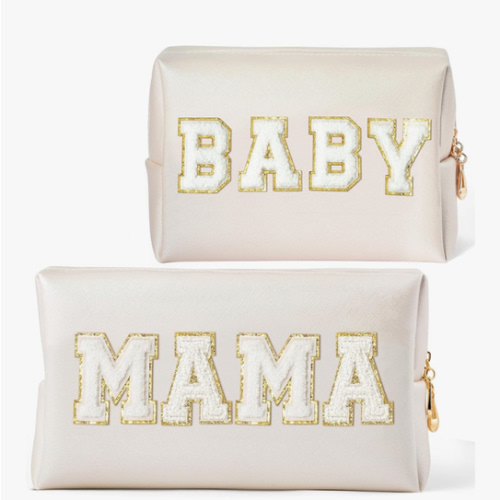 CY2SIDE MAMA Baby Letter Makeup Bag - 2PCS White MAMA and BABY Chenille Letter Patch Cosmetic Bag Pink PU Leather Patch Pouch Waterproof Portable Zipper Travel Organizer Case Gifts for Mom Women