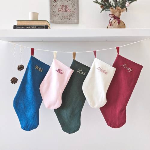 Hand Embroidered, STANDARD SIZE, Personalized Linen Holiday Stocking