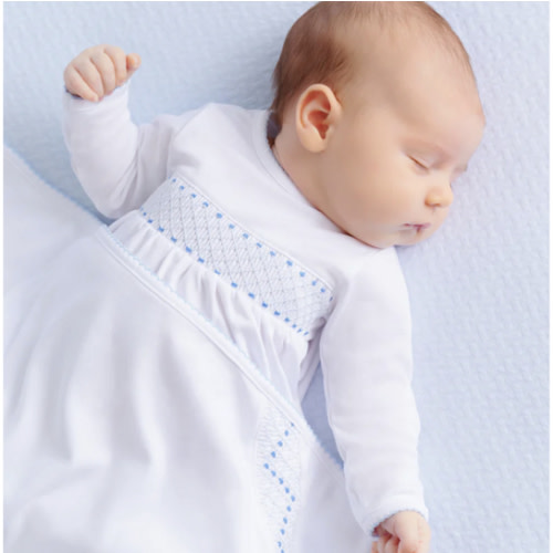 Sweetly Smocked Greeting Gown - Worth Avenue White with Buckhead Blue