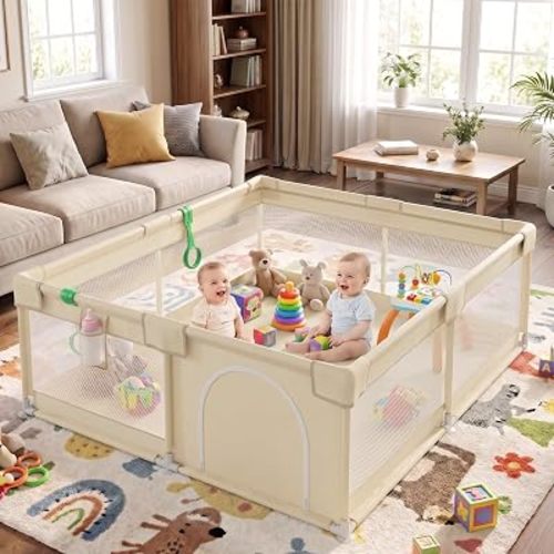 Baby Playpen, 59x71 Inch Play Pens for Babies and Toddlers, Beige