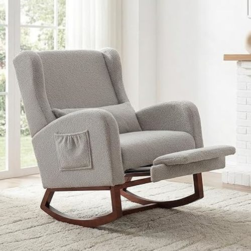 Nursery Rocking Chair,Rocking Chair with Foot Rest,Nursery Rocker Comfy Glider Nursing Chair with Back Pillow for Living Room,Bedroom,Light Grey
