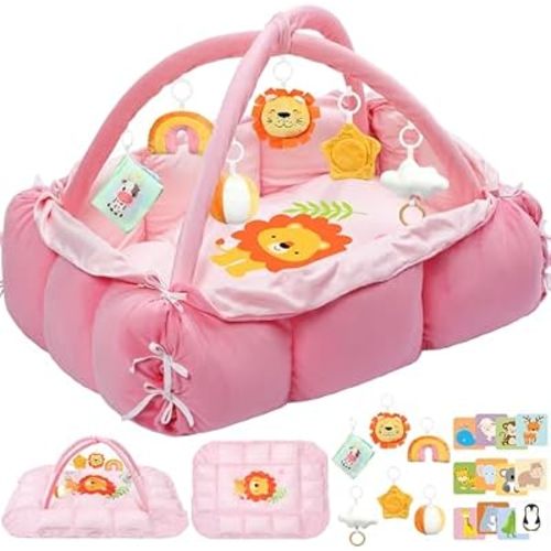5-in-1 Tummy Time Mat Baby Activity Gym with Cartoon Pattern, Extra Thick Plush Play Floor Mat, Featuring Hanging Toys, Sensory Development Gym & Lovely Gift for Newborn Baby, Lion