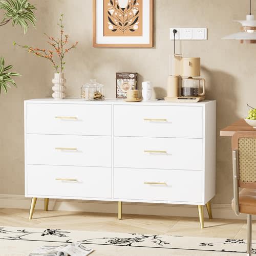 ORGANSANDS White Dresser for Bedroom, 6 Drawer Dresser with Wide Drawers and Gold Metal Handles, Modern Dressers & Chests of Drawers, Wood Double Dresser Storage Cabinet for Bedroom