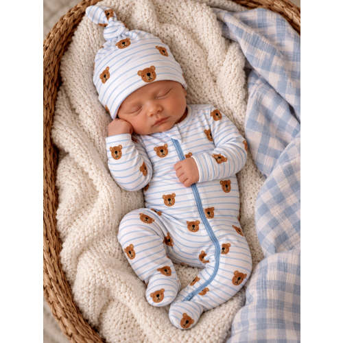 Blue Bear Stripe / Organic Cotton 2-Way Zip Footie