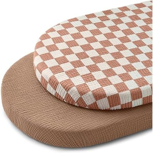 Blissful Diary Muslin Bassinet Sheets for Baby Girls Boys, Boho Soft Cotton Fitted for Oval Hourglass Rectangle Mattress, 2 Pack(Brown Checkboard & Brown)