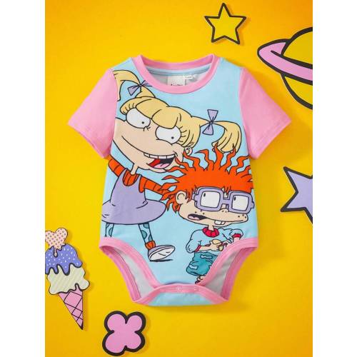 Nick 90s | SHEIN Baby Girl Pink & Blue Cartoon Friends Pattern Cute Comfy Romper | SHEIN USA