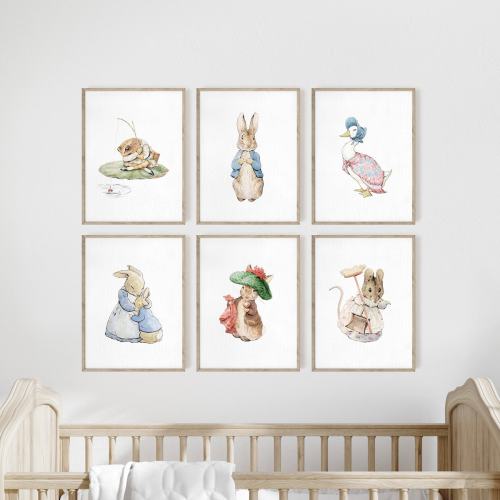 Set of 6 Beatrix Potter Nursery Art Prints, Peter Rabbit, Vintage Bunny Nursery Wall Art, Rabbit Art Print, Baby Shower Gift, Fine Art