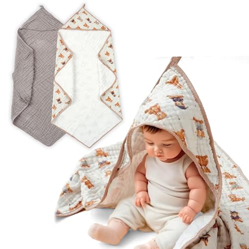 CoolaPeach Muslin Hooded Baby Towels,2 Pack Baby Bath Towels,Large 31.5x31.5Inch,Hooded Towels for Baby and Infant,Soft and Absorbent Newborn Essential(Brown and Bears)