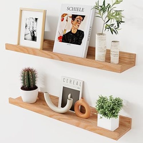 Axeman Oak Picture Ledge Shelf, 24 Inch Floating Shelves Set of 2, Solid Oak Wood Wall Shelves with Lip, Wall Decor Storage for Bedroom Living Room Bathroom Kitchen Nursery Photo Picture, Natural Oak