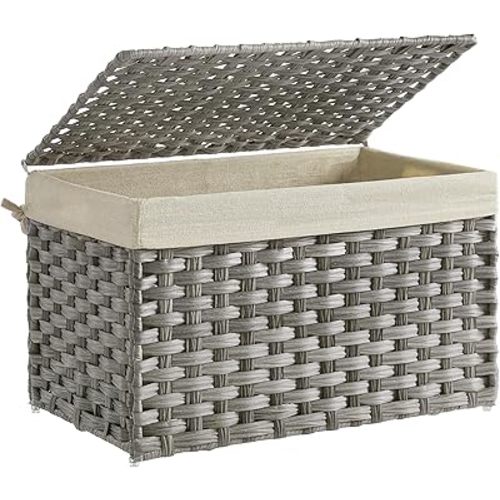 SONGMICS Storage Basket with Lid, Woven Blanket Storage Bin with Handles, Foldable, Removable Liner, Metal Frame, for Bedroom, Laundry Room, 17.2 Gallons (65 L), Gray URST56WG