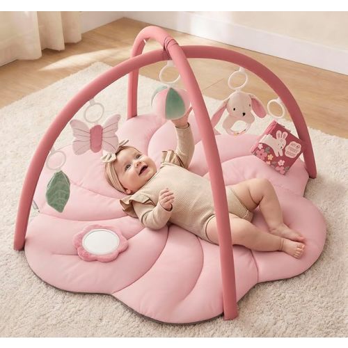 Blissful Diary Baby Play Gym Mat, Tummy Time with 6 Detachable Toys for Sensory & Motor Skill Development, Baby Activity Mat for Newborn Essentials Shower Gift, Pink Floral