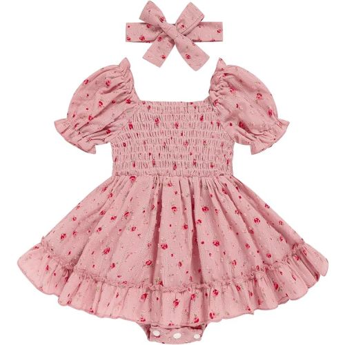 GRNSHTS Baby Girl Romper Dress, Puff Sleeve Smocked Outfit with Headband for Infants Soft Cotton Photo Shoot