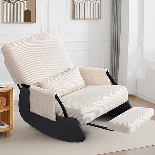 FelixKing Rocking Chair Nursery, Foldable Glider Chair, Upholstered Rocking Chair with Side Pocket and Foot Rest, Comfortable Modern Accent Armchair Recliner for Mom Nursery Living Room Bedroom Beige