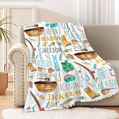 Personalized Kids Fishing Blanket with Name – Custom Baby Name Outdoor Camping Gifts Blanket for Boys & Girls, Soft Fleece Lightweight Fish Receiving Blanket for Fishing, Picnic & Beach 30"x40"(XS)