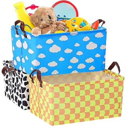 3 Pack Storage Baskets Waterproof Canvas with Leather Handles Storage Bins Basket Organizer Collapsible for Closet Clothes Room Decor(Black, Yellow, Blue,Cartoon)