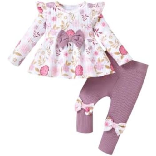 Renotemy Infant Baby Girl Clothes Toddler Girls Outfits Fall Winter Long Sleeve Ruffle Top Bow Pants Little Girl Clothing Set