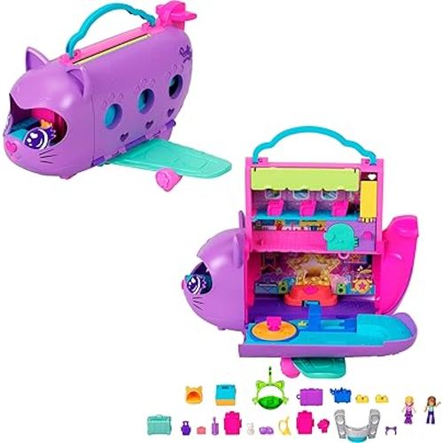 Polly Pocket Dolls and Playset, Kitty Airways Airplane, Travel Toy with 2 Micro Dolls and Pet, Spinning Stage and Accessories (Amazon Exclusive)