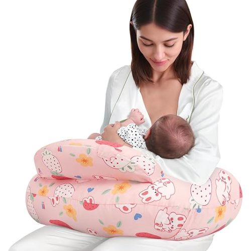 AMASKY Nursing Pillow for Breastfeeding, Animal Patterns Removable Cotton Cover, Machine Washable, Strawberry Pattern (Candy Pink), Pallet of Product
