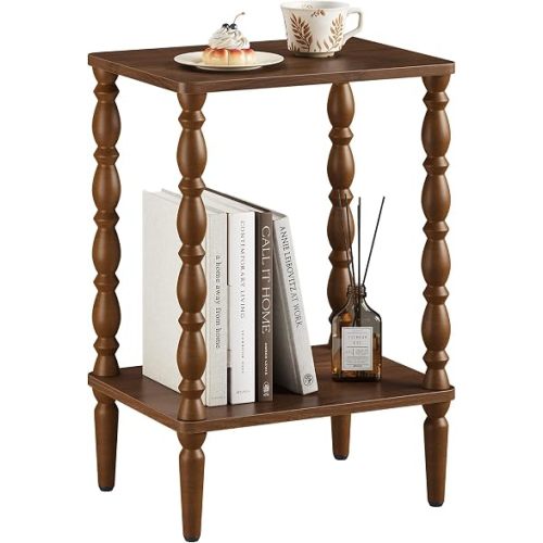 Small Side Table - 2-Tier Wood End Table with Storage Shelf for Living Room, Vintage Night Stand for Bedroom Small Spaces, Rectangle Accent Table with Spindle Legs, Walnut