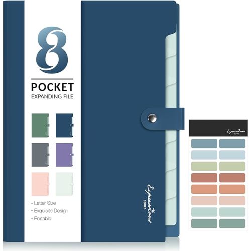 Sooez Elegant Accordion File Organizer with Labels, 8 Pocket Expanding File Folder, Portable Folders for Documents, Cute Paper Organizer for School Office Supplies, Letter Size, Blue