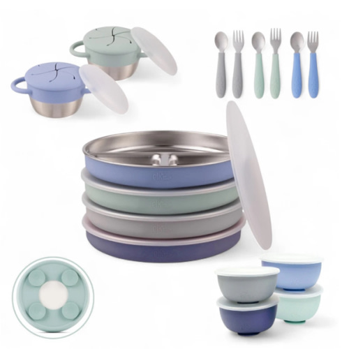 Stainless Steel Mealtime Bundle | Suction Sleeves | Plates, Bowls, Snack Cups + Toddler Utensils | 16 Pcs |  Sage/MistyBlue/Navy/Gray