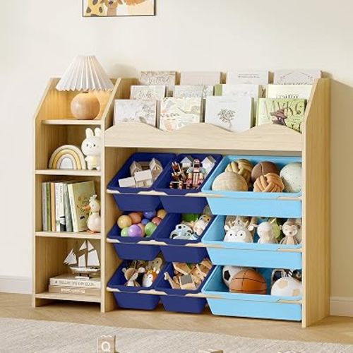 Kids Toy Storage Organizer, Scalloped Shelf, 12 Blue Bins