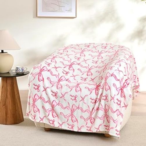 Pink Bow Twin Blanket – 60x80 Inch Soft Fleece Blanket for Girls and Women, Coquette Aesthetic Room Decor for Bed, Couch, Chair, Preppy Bedroom or Gift, Cute Pink Bow Decor Blanket
